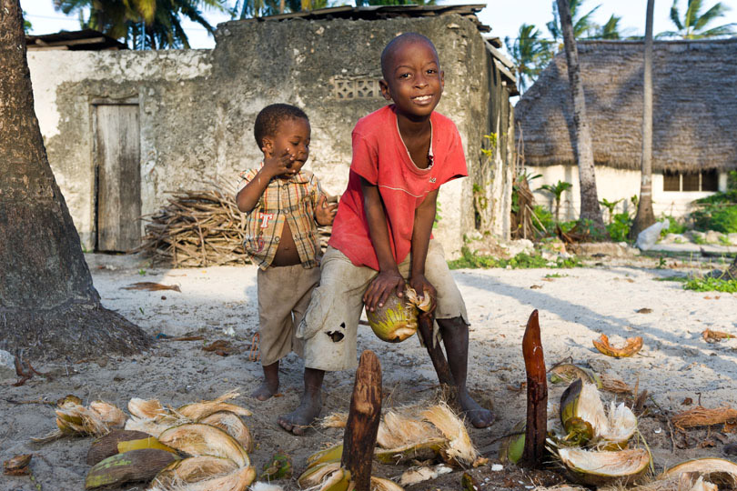 Children opening fresh coconuts